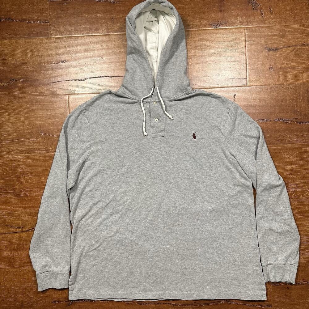 Vintage Ralph Lauren Henley Hoodie Sweatshirt XL Gray Lightweight Classic Polo